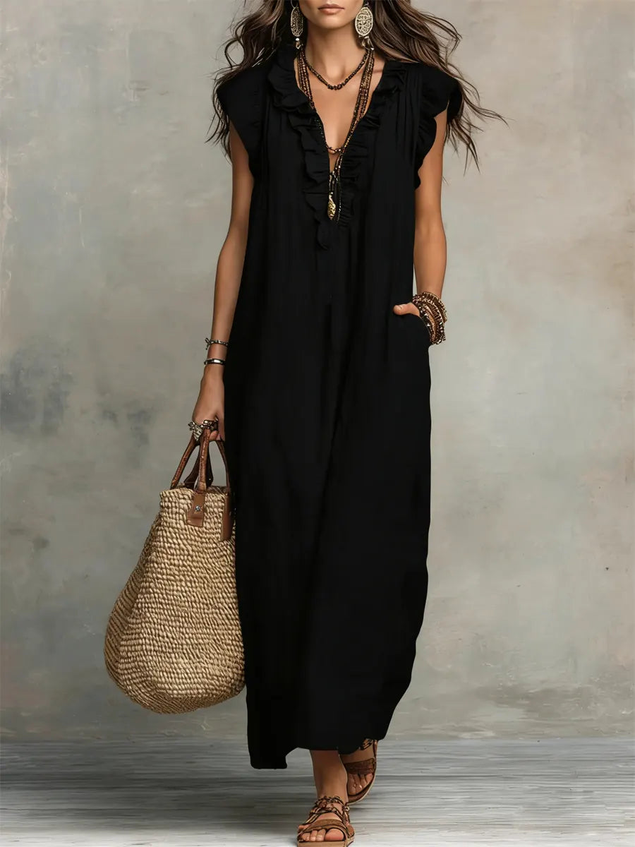 Noelia | Vestido casual de lino y algodón en color sólido con volantes para mujer