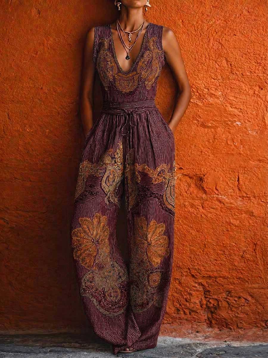 Marisa | Mono de pierna ancha en algodón y lino con rayas retro, sin mangas y escote en V para mujer — cómodo y con estilo