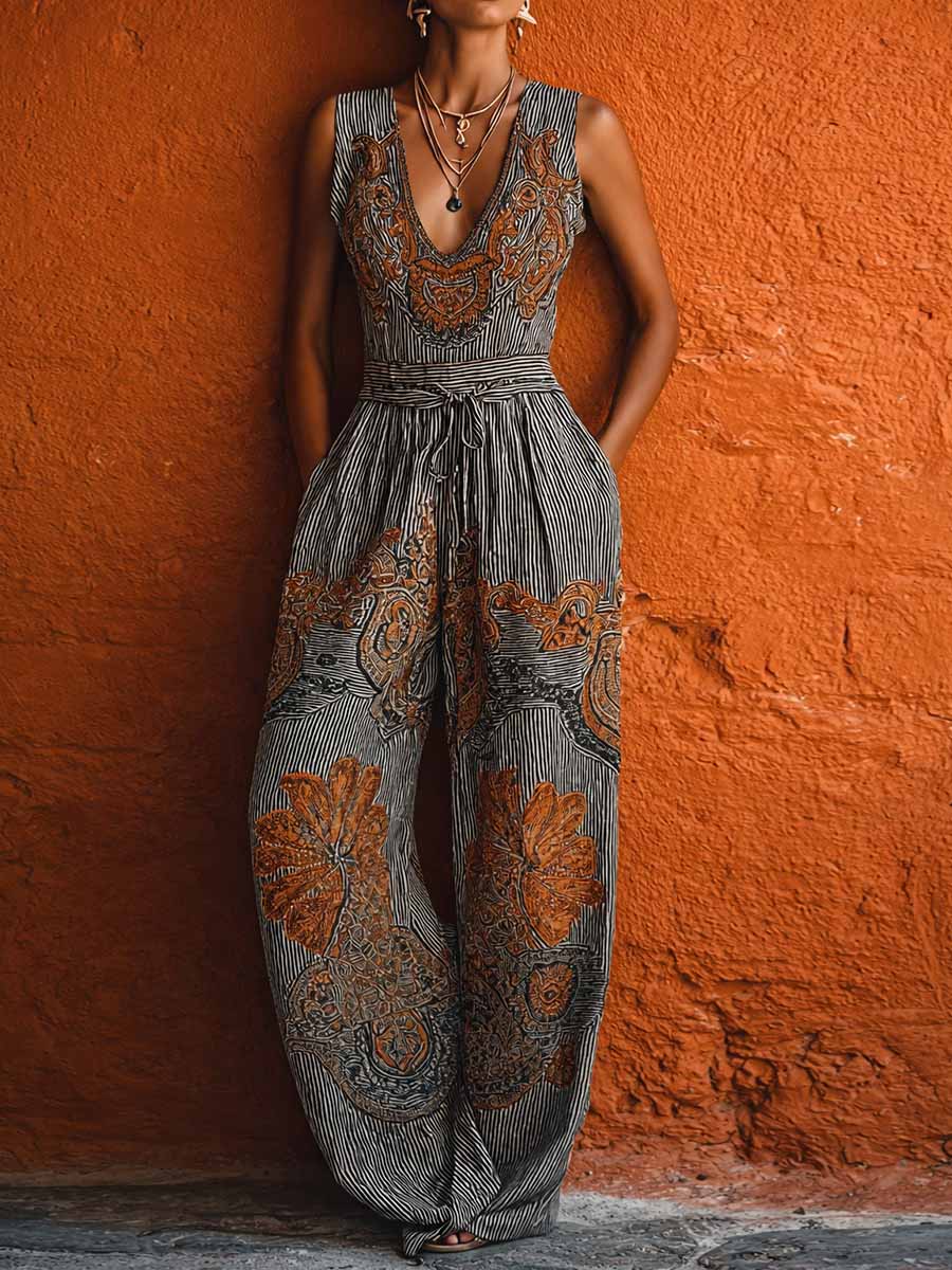 Marisa | Mono de pierna ancha en algodón y lino con rayas retro, sin mangas y escote en V para mujer — cómodo y con estilo