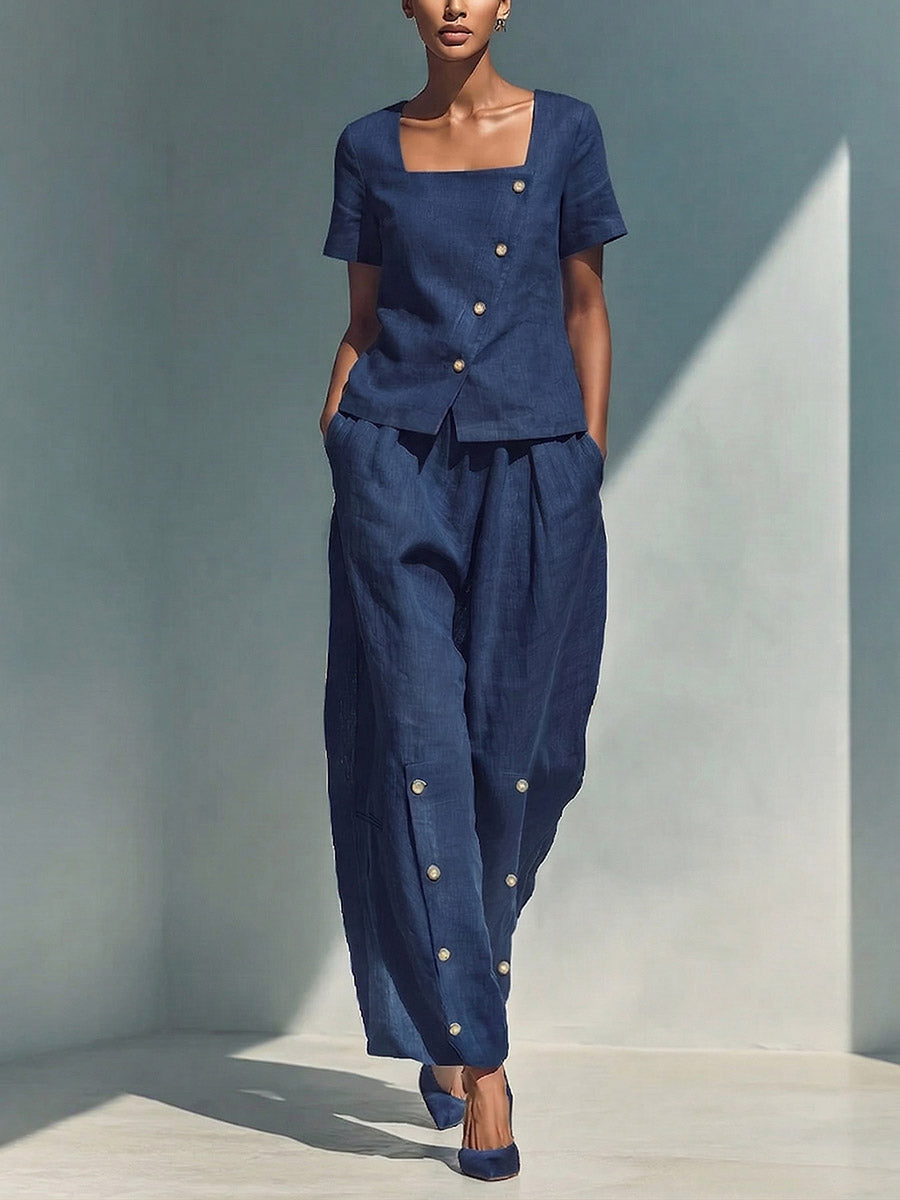 Natalia | Conjunto ligero de lino y algodón: top de manga corta y pantalón ancho, cómodo y fresco