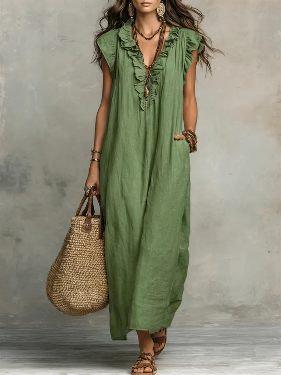 Noelia | Vestido casual de lino y algodón en color sólido con volantes para mujer