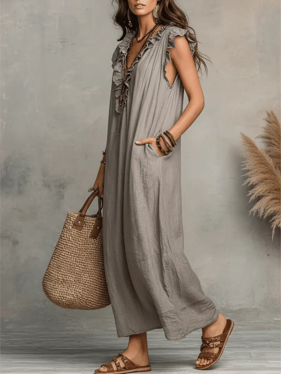 Noelia | Vestido casual de lino y algodón en color sólido con volantes para mujer