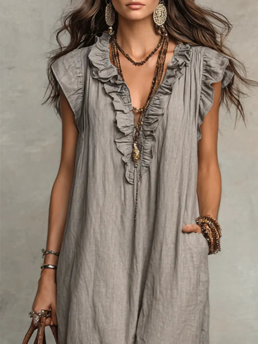 Noelia | Vestido casual de lino y algodón en color sólido con volantes para mujer