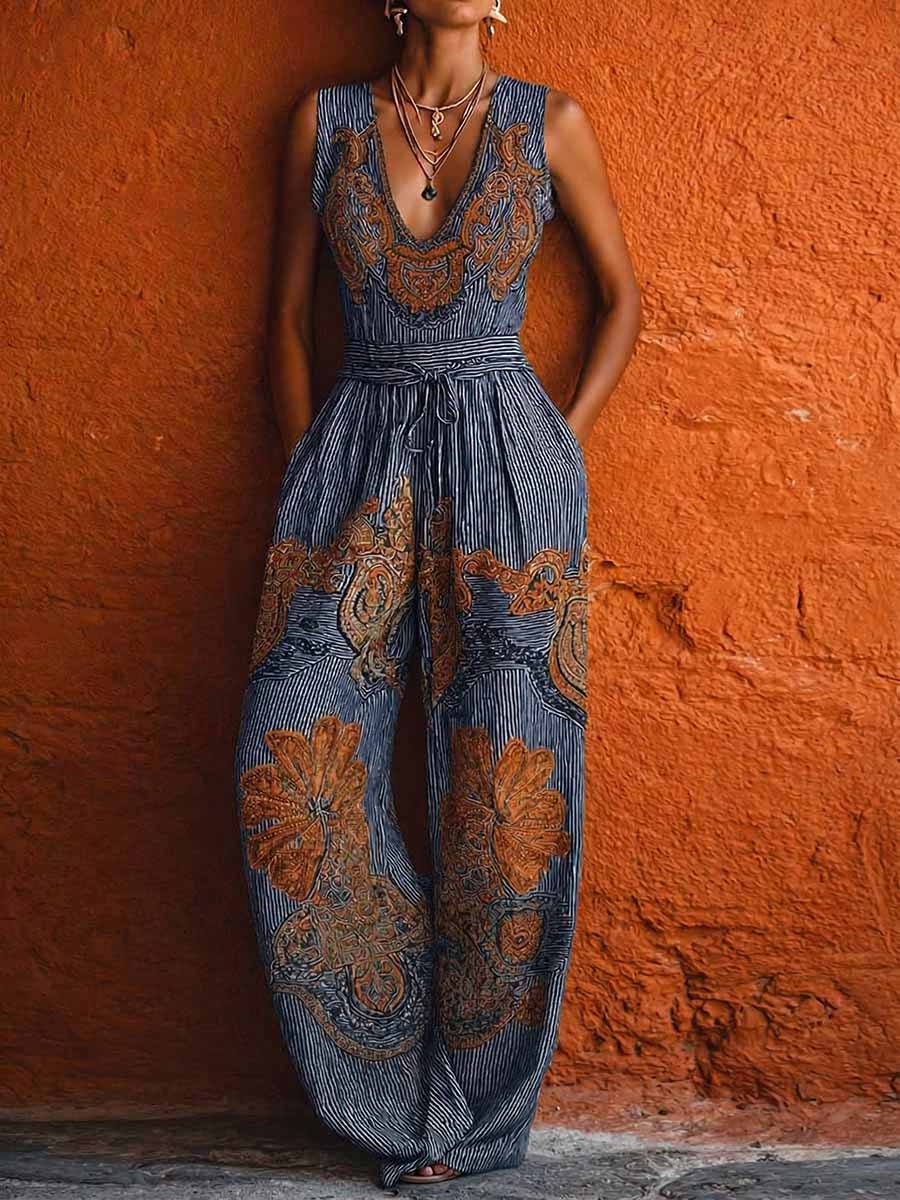 Marisa | Mono de pierna ancha en algodón y lino con rayas retro, sin mangas y escote en V para mujer — cómodo y con estilo