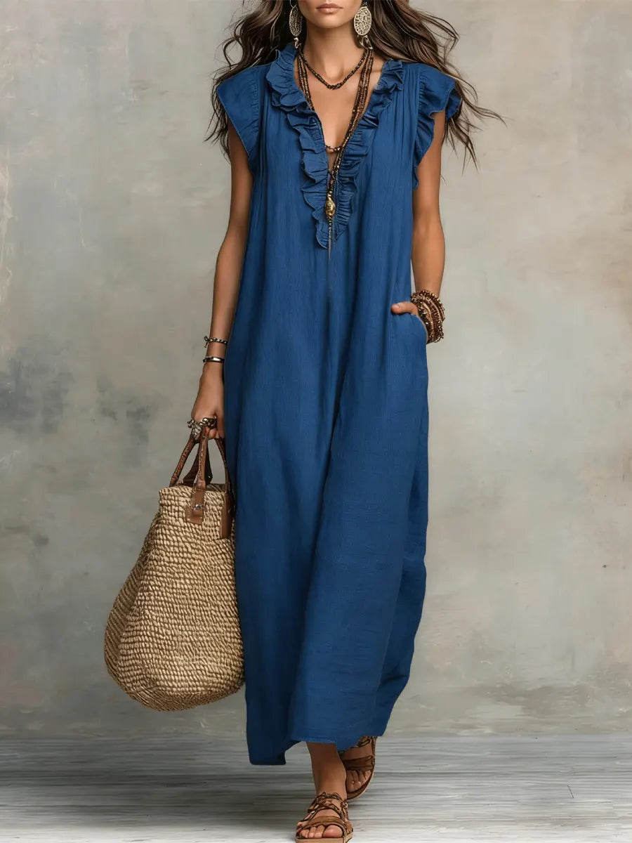 Noelia | Vestido casual de lino y algodón en color sólido con volantes para mujer