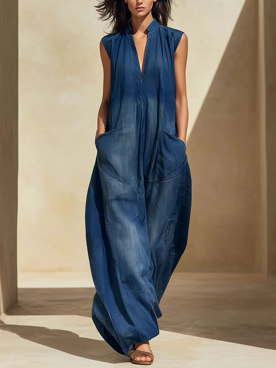 Valeria | Mono vaquero de pierna ancha para mujer, sin mangas, cuello en V y corte suelto, cómodo y con estilo