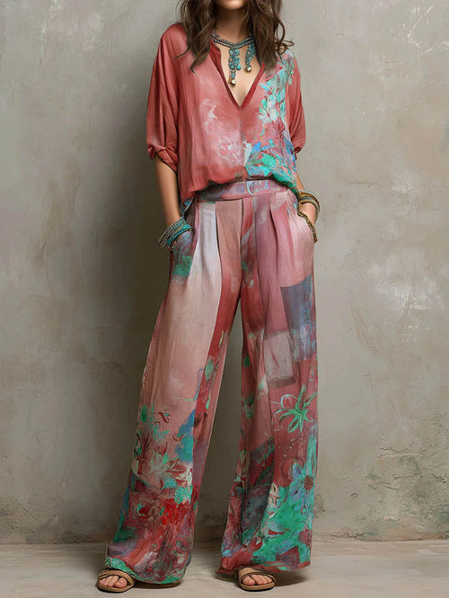 Alba | Conjunto estampado de caída fluida y pantalón ancho
