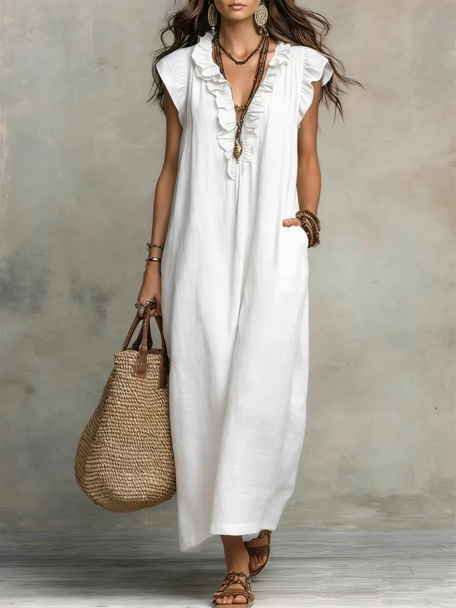 Noelia | Vestido casual de lino y algodón en color sólido con volantes para mujer