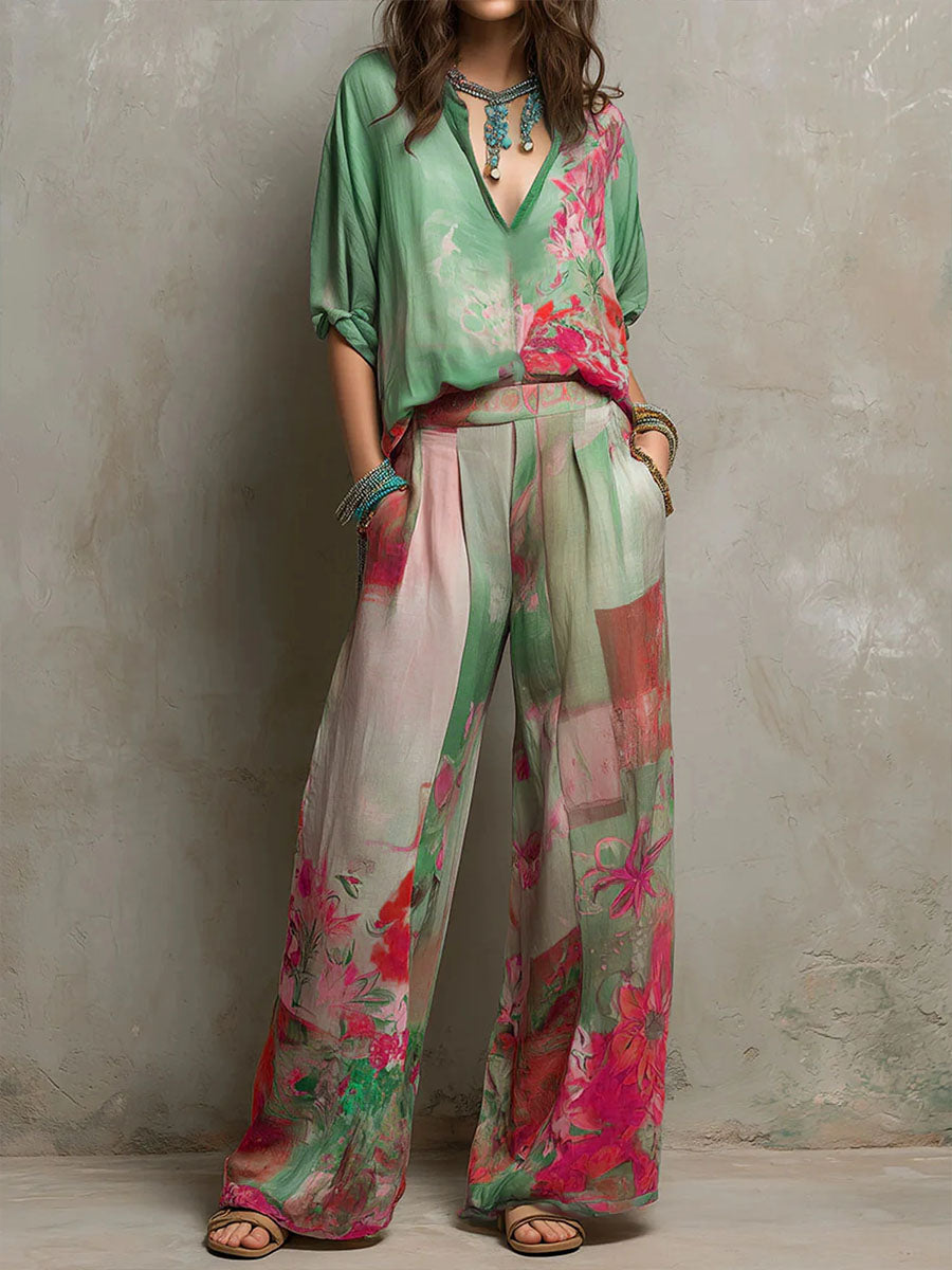 Alba | Conjunto estampado de caída fluida y pantalón ancho