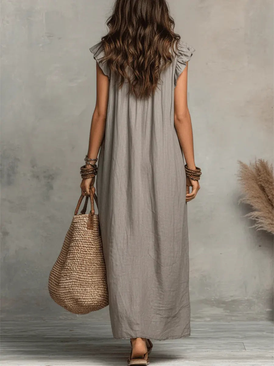 Noelia | Vestido casual de lino y algodón en color sólido con volantes para mujer