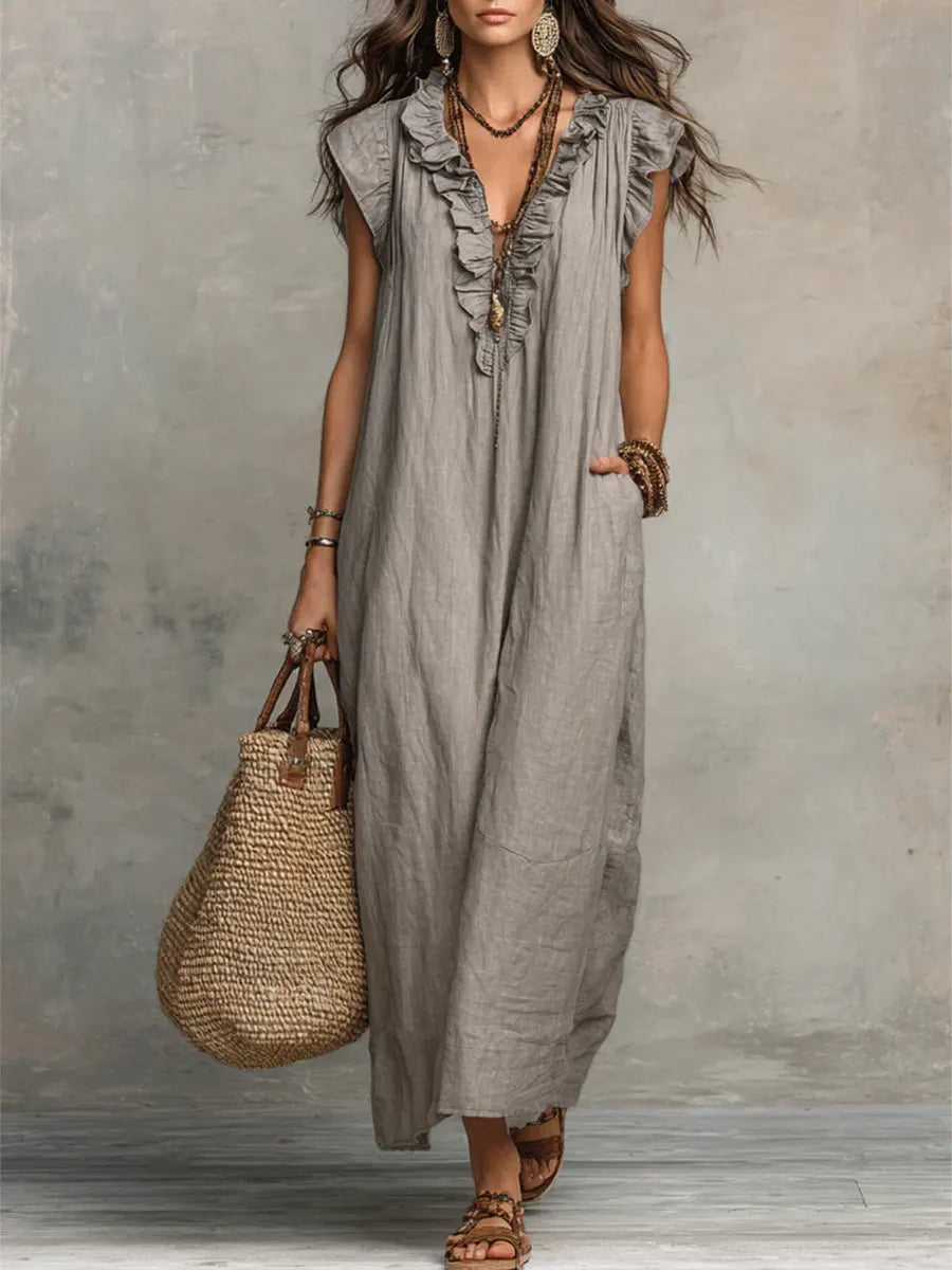 Noelia | Vestido casual de lino y algodón en color sólido con volantes para mujer