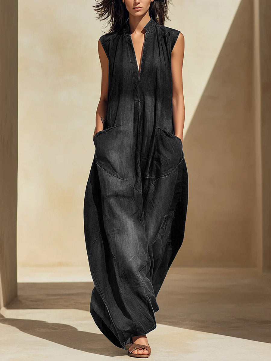 Valeria | Mono vaquero de pierna ancha para mujer, sin mangas, cuello en V y corte suelto, cómodo y con estilo