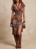 Gabriela | Vestido midi boho fruncido Atardecer del desierto