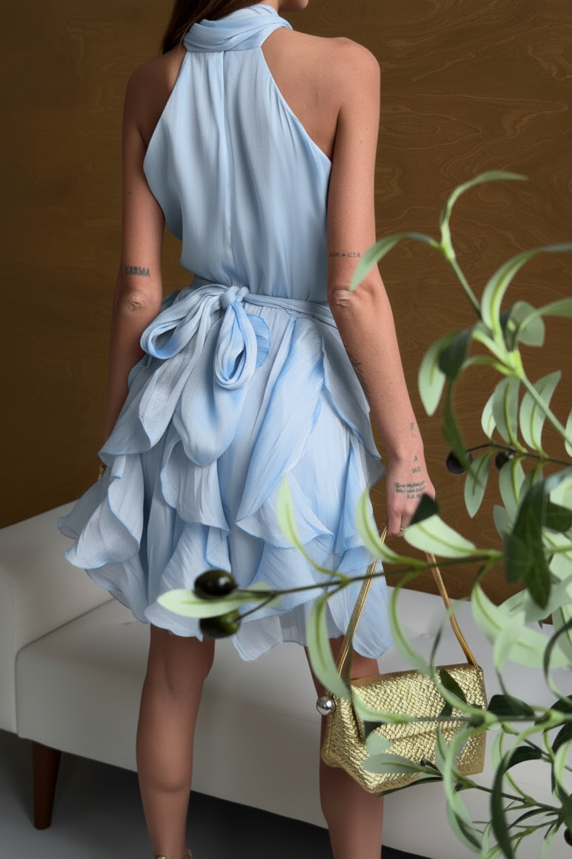 Lía™ | Vestido Midi de Volantes con Cuello Halter y Lazo