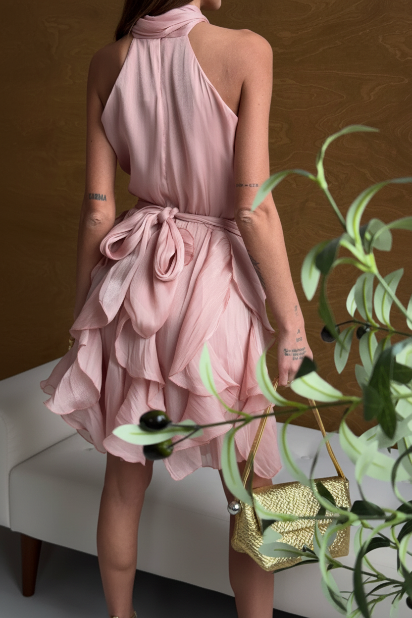Lía™ | Vestido Midi de Volantes con Cuello Halter y Lazo